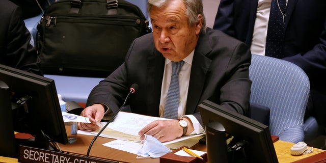 Secretary-General of the United Nations António Guterres speaks during a U.N. Security Council meeting on the situation at the Zaporizhzhia nuclear power plant in Ukraine at the United Nations Headquarters in New York City on Tuesday, Sept. 6, 2022.