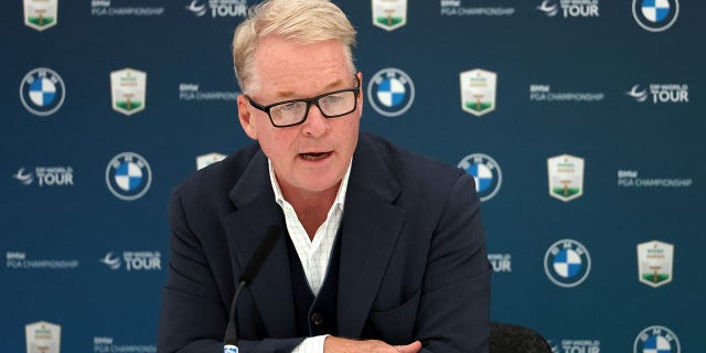 Keith Pelley, CEO of The European Tour Group and DP World Tour, speaks to the media during a press conference prior to the BMW PGA Championship at Wentworth Golf Club Sept. 7, 2022, in Virginia Water, England.