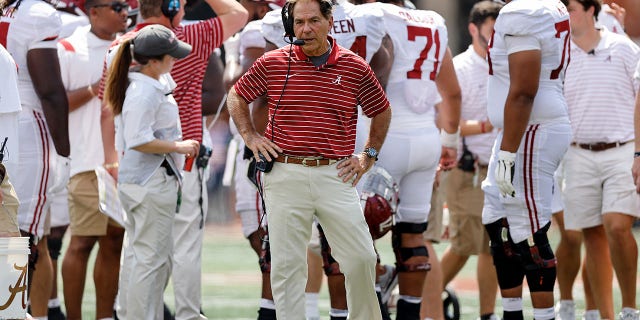 Alabama Crimson Tide head coach Nick Saban speaks in a headset during a fourth quarter timeout against the Texas Longhorns at Darrell K. Royal Texas Memorial Stadium in Austin, Texas on Sept. 10, 2022. 