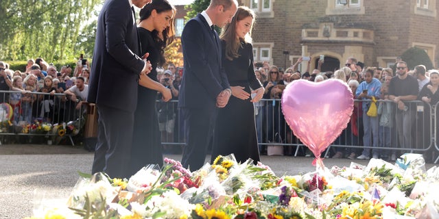 The Prince and Princess of Wales and Duke and Duchess of Sussex appeared together to view the moving tributes to Queen Elizabeth II.