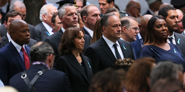 NYC Mayor Eric Adams, Vice President Kamala Harris, Second Gentleman Doug Emhoff, and NY Attorney General Latisha James attend the annual 9/11 Commemoration Ceremony at the National 9/11 Memorial and Museum on September 11, 2022, in New York City. 