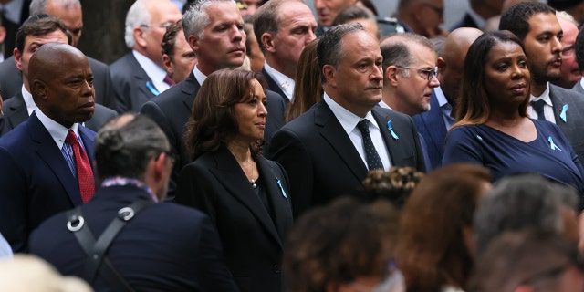 New York City Mayor Eric Adams, Vice President Kamala Harris and Vice President Doug Emhoff attend the annual 9/11 Memorial Service at the National September 11 Memorial and Museum in New York City on September 11, 2022. New York Attorney General Latisha James. 