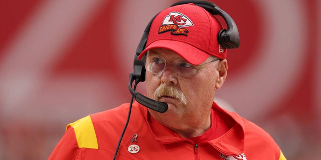 Head coach Andy Reid of the Kansas City Chiefs paces the sidelines during the game against the Arizona Cardinals at State Farm Stadium on September 11, 2022 in Glendale, Arizona. 