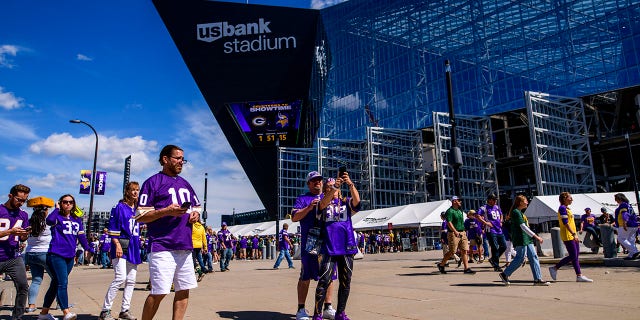 A view outside the stadium before the game between the Minnesota Vikings and Green Bay Packers at U.S. Bank Stadium on Sept. 11, 2022 in Minneapolis, Minnesota.