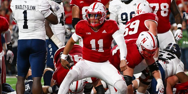 Quarterback Casey Thompson (11) of the Nebraska Cornhuskers celebrates a score against the Georgia Southern Eagles at Memorial Stadium Sept. 10, 2022, in Lincoln, Neb. 