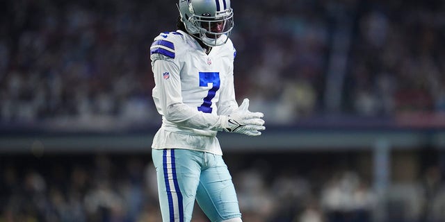 Trevon Diggs, #7 of the Dallas Cowboys, gets set against the Tampa Bay Buccaneers at AT&T Stadium on Sept. 11, 2022 in Arlington, Texas. 