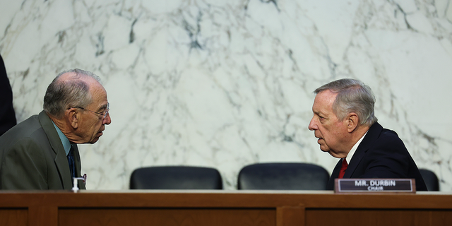 U.S. Sen. Richard Durbin (D-IL) (R), Chairman of the Senate Judicary Committee, talks to Sen. Charles Grassley (R-IA) as Peiter "Mudge" Zatko, former head of security at Twitter, testifies before the Committee on data security at Twitter, on Capitol Hill, Sept. 13, 2022 in Washington, D.C. Zatko claims that Twitter's widespread security failures pose a security risk to user's privacy and information and could potentially endanger national security.