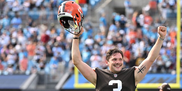 Cade York, #3 of the Cleveland Browns, reacts after a win against the Carolina Panthers during their game at Bank of America Stadium on Sept. 11, 2022 in Charlotte, North Carolina. Cleveland won 26-24. 