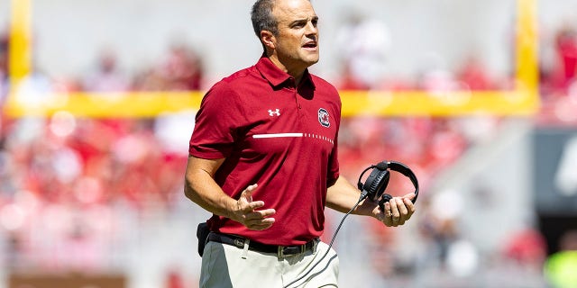 Coach Shane Beamer of the South Carolina Gamecocks at Donald W. Reynolds Razorback Stadium on Sept. 10, 2022, in Fayetteville, Arkansas.