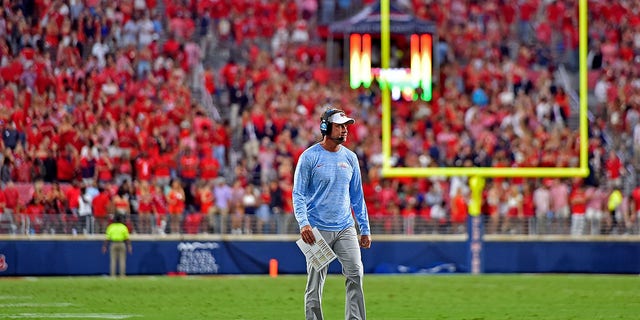 Head coach Lane Kiffin of the Mississippi Rebels during the game against the Central Arkansas Bears at Vaught-Hemingway Stadium on September 10, 2022, in Oxford, Mississippi. 