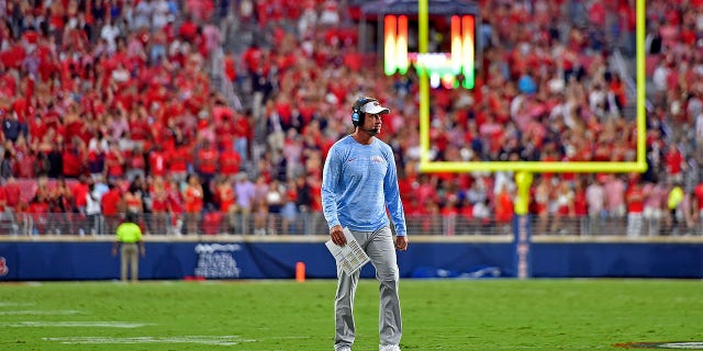 Mississippi Rebels head coach Lane Kiffin during the game against the Central Arkansas Bears at Vaught-Hemingway Stadium on September 10, 2022 in Oxford, Mississippi. 