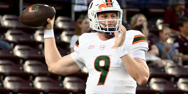 Tyler Van Dyke #9 of the Miami Hurricanes warms up prior to the game against the Texas A&M Aggies at Kyle Field on Sept. 17, 2022 in College Station, Texas.