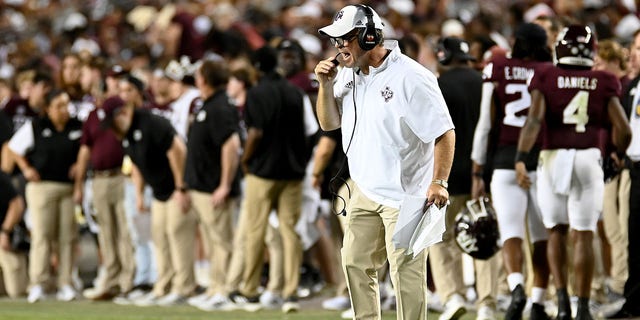 Head coach Jimbo Fisher of the Texas A&amp;M Aggies reacts during the second half of the game against the Miami Hurricanes at Kyle Field on Sept. 17, 2022 in College Station, Texas. 
