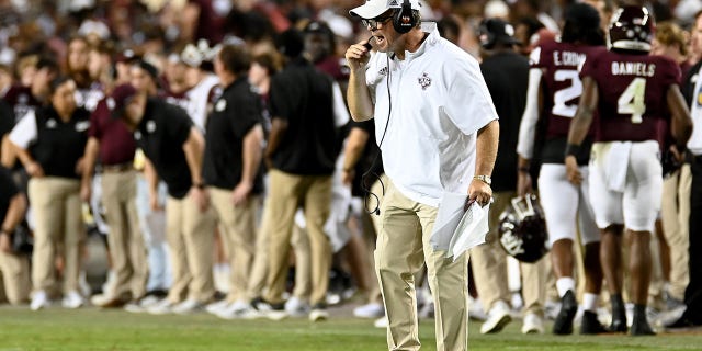 Head coach Jimbo Fisher of the Texas A&amp;M Aggies reacts during the second half of the game against the Miami Hurricanes at Kyle Field on Sept. 17, 2022 in College Station, Texas. 