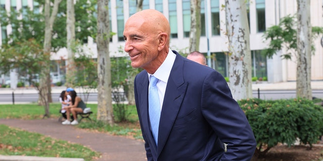 Tom Barrack, a former advisor to former president Donald Trump, leaves U.S. District Court for the Eastern District of New York in a short recess during jury selection for his trial on September 19, 2022, in Brooklyn. 