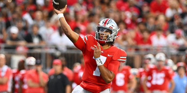 C.J. Stroud, #7 of the Ohio State Buckeyes, throws the ball during the first quarter of a game against the Toledo Rockets at Ohio Stadium on Sept. 17, 2022 in Columbus, Ohio. 