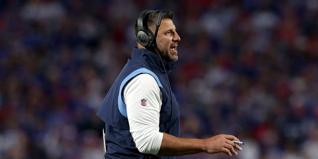 Head coach Mike Vrabel of the Tennessee Titans looks on against the Buffalo Bills during the first quarter of the game at Highmark Stadium on Sept. 19, 2022 in Orchard Park, New York. 