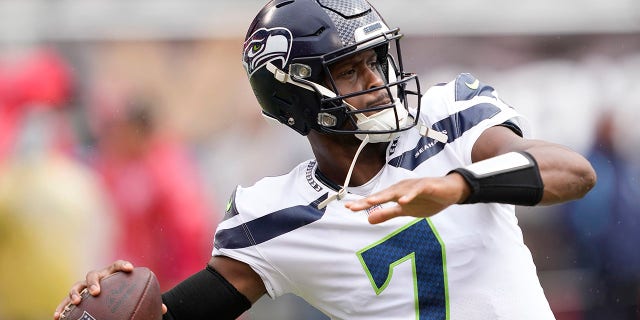 Geno Smith, #7 of the Seattle Seahawks, throws the ball during warmups before the game against the San Francisco 49ers at Levi's Stadium on Sept. 18, 2022 in Santa Clara, California.