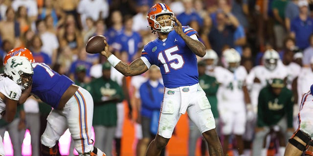 Anthony Richardson, #15 of the Florida Gators, throws a pass during the 4th quarter of a game against the South Florida Bulls at Ben Hill Griffin Stadium on Sept. 17, 2022 in Gainesville, Florida. 