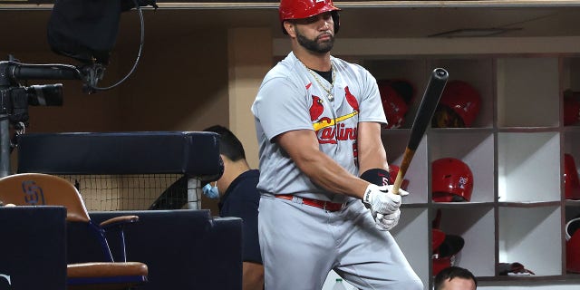 Albert Pujols of the St. Louis Cardinals waits to bat on Sept. 21, 2022, in San Diego, California.