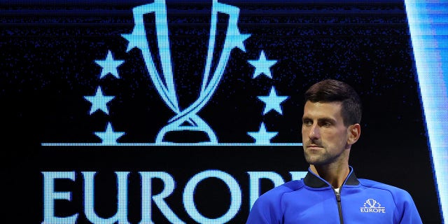 Novak Djokovic of Team Europe looks on during Day One of the Laver Cup at The O2 Arena on September 23, 2022 in London, England.