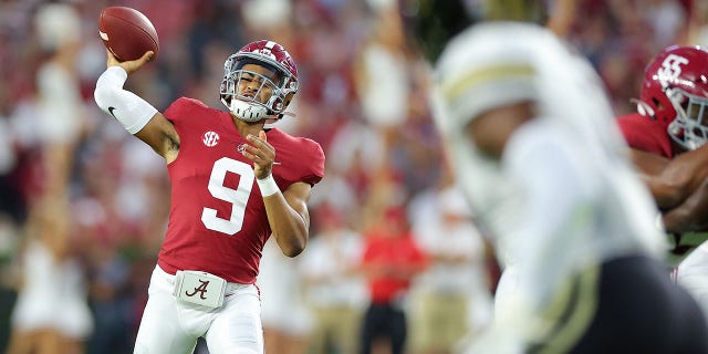 Bryce Young of the Alabama Crimson Tide throws a pass against the Vanderbilt Commodores during the first half of a game at Bryant-Denny Stadium Sept. 24, 2022, in Tuscaloosa, Ala. 