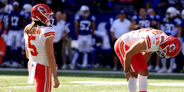 Matt Ammendola (19) of the Kansas City Chiefs reacts after missing a field goal attempt against the Indianapolis Colts during the fourth quarter at Lucas Oil Stadium Sept. 25, 2022, in Indianapolis. 