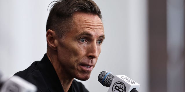 Head Coach Steve Nash of the Brooklyn Nets speaks at the podium during a press conference at Brooklyn Nets Media Day at HSS Training Center on Sept. 26, 2022 in the Brooklyn borough of New York City. 