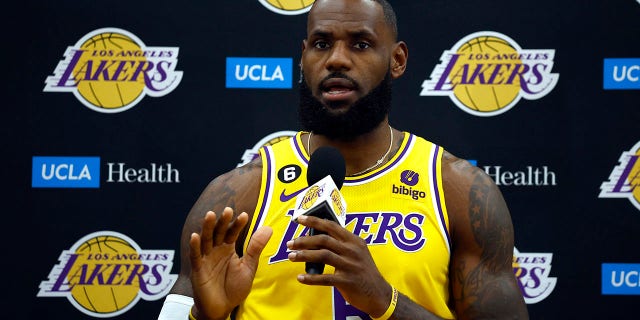 LeBron James, #6 of the Los Angeles Lakers, speaks with the media during Los Angeles Lakers media day at UCLA Health Training Center on Sept. 26, 2022 in El Segundo, California.