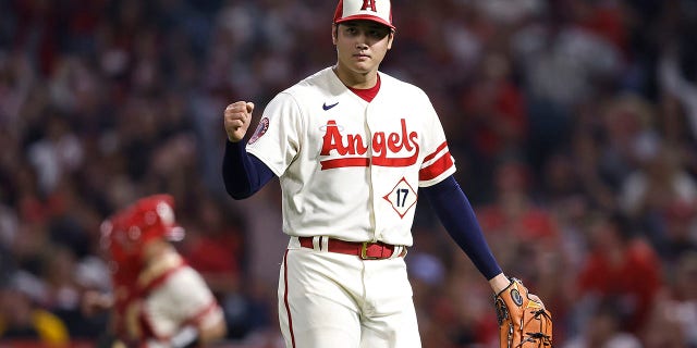 Shohei Ohtani #17 of the Los Angeles Angels reacts during a game against the Oakland Athletics in the seventh inning at Angel Stadium of Anaheim on September 29, 2022 in Anaheim, California.