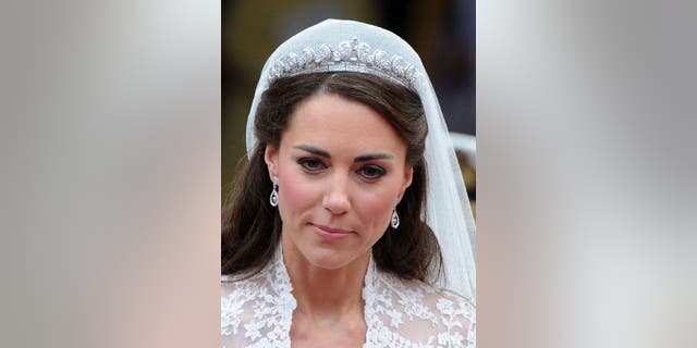 Catherine, Princess of Wales (formerly Kate, Duchess of Cambridge), wore Queen Elizabeth's 1936 Cartier Halo Tiara on her wedding day, April 29, 2011. Queen Elizabeth II lent the tiara to Kate, who married the monarch's grandson, William, Prince of Wales (formerly Duke of Cambridge).