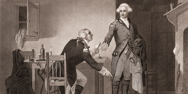 Engraving depicts American army officer Benedict Arnold (1741-1801), seated at a table, as he hands papers to British officer John Andre (1750-1780) during the American Revolutionary War, mid-to-late 18th century. Arnold formally switched sides and joined the British. 