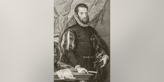 Pedro Menendez de Aviles, 1519 to 1574. Spanish admiral, founder of St. Augustine, Florida, and first governor of Florida. After a work by Francisco de Paula Marti.
