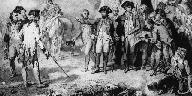 Generals Rochambeau (1725-1807) and Washington (1732-1799) give the last orders to attack the siege of Yorktown.  With them is the Marquis de Lafayette (1757-1834).