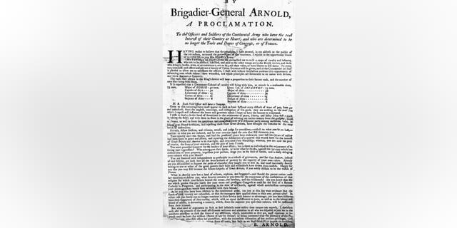 A proclamation by American commander Benedict Arnold, circa 1780, exhorting other officers and soldiers of the Continental Army to join him in his defection to the British cause, during the American War of Independence. For his treachery, Arnold was given the rank of brigadier general in the British army under Sir Henry Clinton, whereupon he led led several expeditions against the colonial militia.