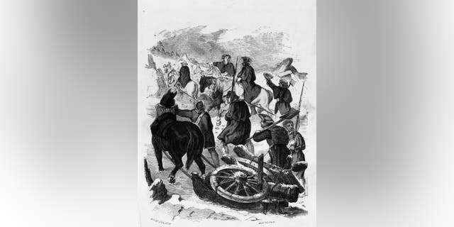 Col. Henry Knox, Washington's chief of artillery, brings guns and mortars from Fort Ticonderoga to Boston. Hand-colored engraving by Van Ingen.