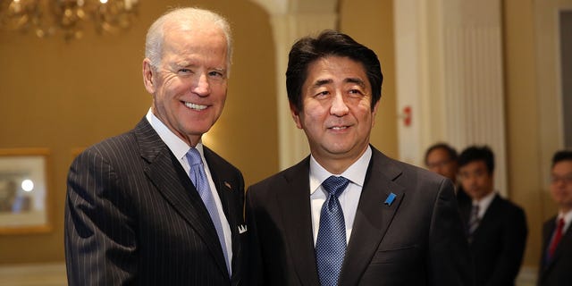 Then-Vice President Joe Biden met with then-Japanese Prime Minister Shinzo Abe on Sept. 26, 2014, in New York City. Biden is not attending Abe's funeral eight years later.