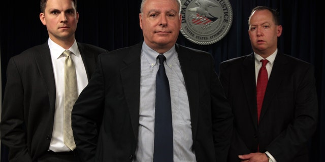 Prosecutors in the James "Whitey" Bulger case photographed at the Moakley Courthouse in Boston, from left to right, Zachary R. Hafer, Fred M. Wyshak Jr. and Brian T. Kelly.