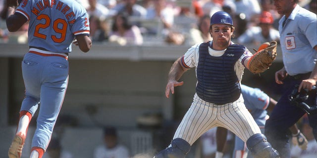 John Stearns, #12 of the New York Mets, in action against the St. Louis Cardinals during a Major League Baseball game circa 1978 at Shea Stadium in the Queens borough of New York City. Stearns played for the Mets from 1975 to 1984.