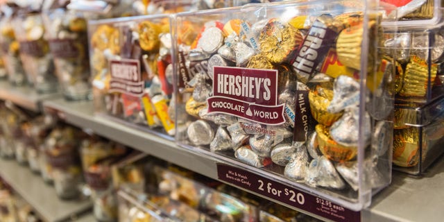 Hershey Co. chocolate candies are displayed for sale at the Hershey's Chocolate World store in New York City. 