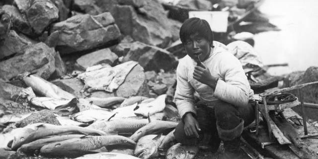 An Inuit man with his catch of fish, Greenland, circa 1930. Clarence Birdseye was inspired to pioneer commercial frozen food by watching Inuit fishermen.