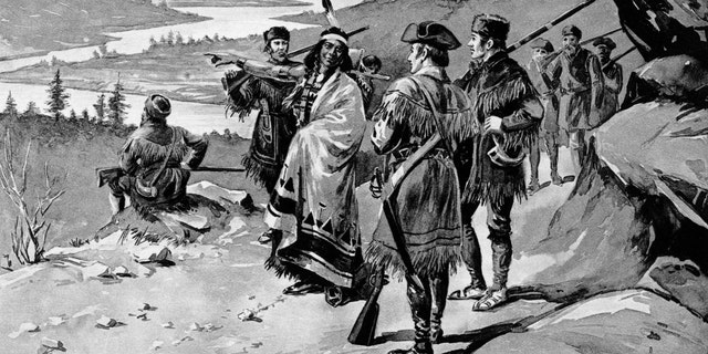 Sacagawea is shown guiding the Lewis and Clark expedition. The Lewis and Clark expedition was aided by the Indian slave wife of a French pioneer who was engaged to guide the party. Drawing by Alfred Russell.