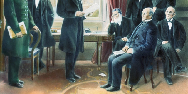 Illustration depicting Abraham Lincoln reading the draft of the Emancipation Proclamation to his cabinet in 1862 (undated). The president received the first transcontinental telegraph on Oct. 24, 1861.