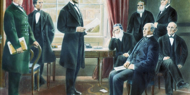 Illustration depicting Abraham Lincoln reading the draft of the Emancipation Proclamation to his cabinet in 1862 (undated). The president received the first transcontinental telegraph on Oct. 24, 1861.