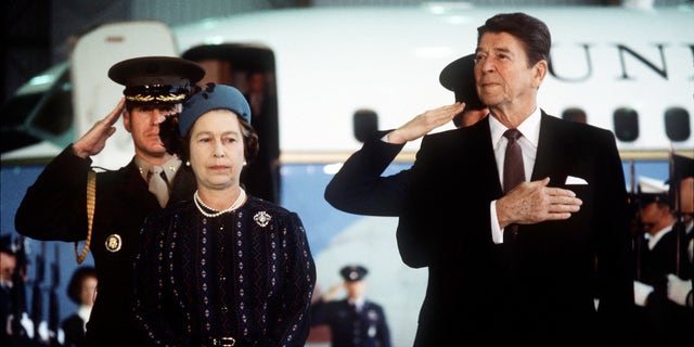 Queen Elizabeth II with President Ronald Reagan at a welcome ceremony in Santa Barbara, California, in 1982.
