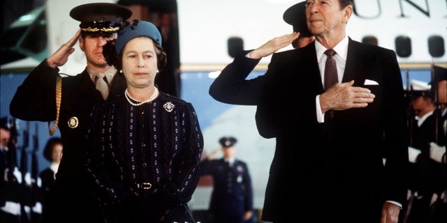 Queen Elizabeth II with President Ronald Reagan at a welcome ceremony in Santa Barbara, California, in 1982.