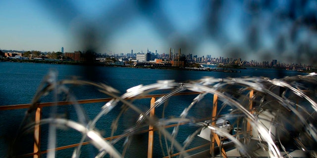 Vernon C. on Rikers Island in the Bronx. View of Manhattan from Bain Correctional Center.