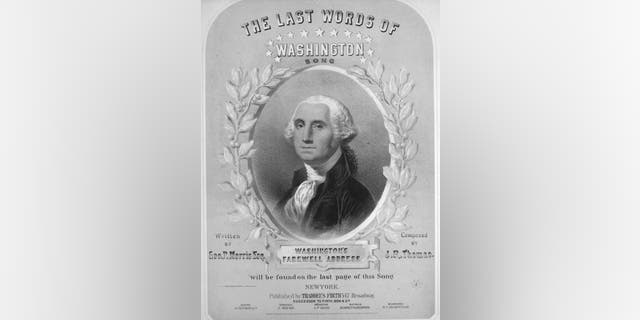 George Washington's Farewell Address inspired the nation for generations, including during the Civil War. The first line reads, "Upon the couch of death the champion of the free," and the illustration artist is listed as "Clayton."