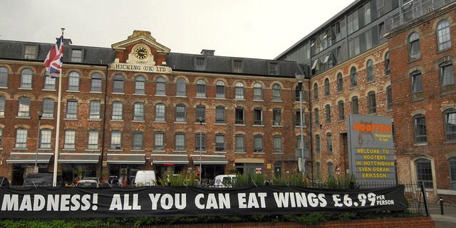 A general view of Hooters Bar and Restaurant in Nottingham displaying a welcome sign to Notts County's new director of football Sven Goran Eriksson, in Nottingham, England, on Thursday, July 23, 2009. 