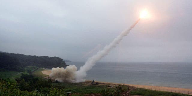 U.S. Army Tactical Missile System (ATACMS) firing a missile into the East Sea during a South Korea-U.S. joint missile drill.